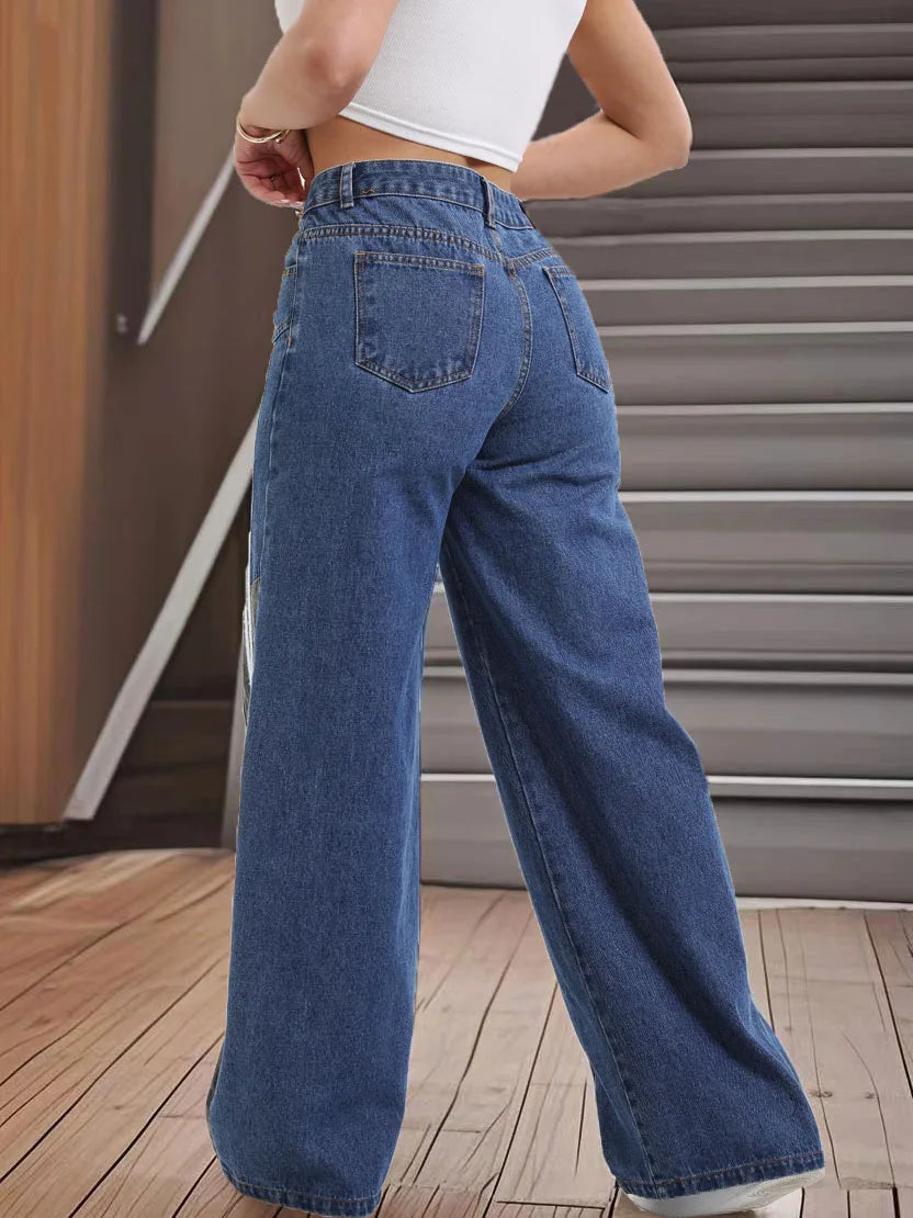 Leopard Panel Wide Leg Jeans